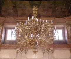 Prague 2013/Colloredo Mansfeld Palace/Detail: Chandelier in Ball Room, hints of frescoes Prague 2013/Colloredo Mansfeld Palace/Detail: Chandelier in Ball Room, hints of frescoes