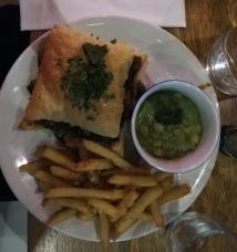 Wood roasted mushroom and ale pie, minted mushy peas, fries//Mildreds