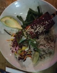 Caribbean jerk tofu, rum and guava glazed tofu, coconut rice and peas, mango slaw, organic hemp seeds, avocado, fried plantain//Mildreds