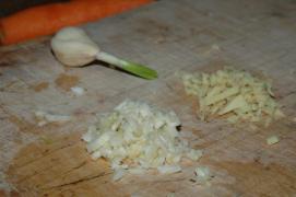 garlic and ginger, preparation for the wok; the spots on the cutting boards do distract, though