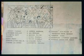 USA 1990/Atlanta, GA/peace activists quilt wall painting legend/1. Harriet Tubman/2. Frederick Douglass/3. Lucretia Mott/4. Gandhi/5. Rosa Parks/6. Martin Luther King Jr./7. Fannie Lou Hammer/8. Andrew Goodman/9. Dan Berrigan/10. Leonard Peltier/11. Winnie Mandela/12. Nelson Mandela/13. Desmond Tutu/14. Rigoberta Menchu/15. 'Comadre' with picture of archbishop Oscar Romero/17. Nicaraguan Literacy Campaign/18. Veterans' Convoy For Peace