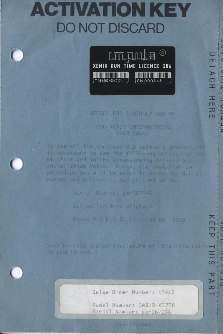 SCO Xenix License/Activation Key/1992